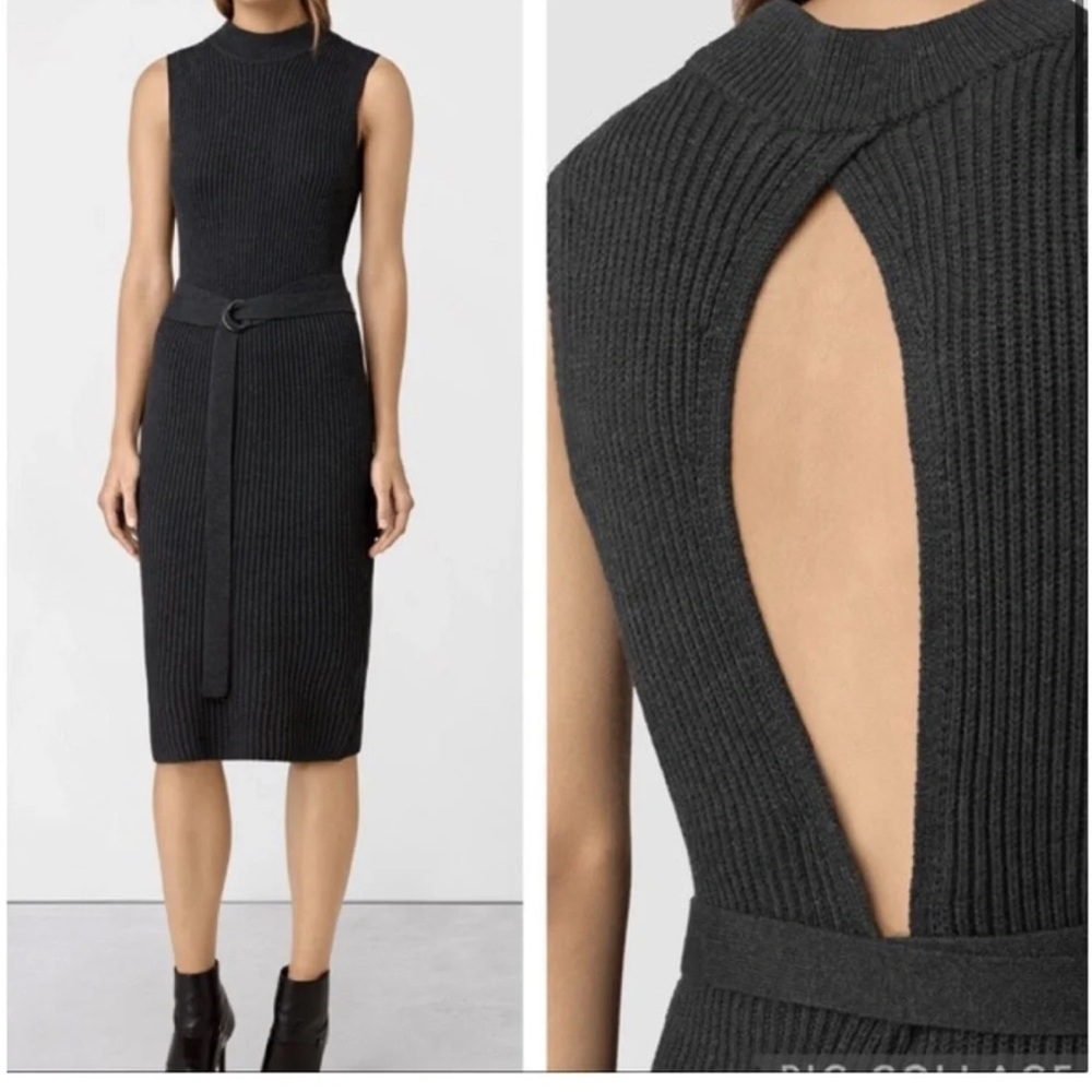 NEW AllSaints East Knit Cotton Ribbed Belted Midi Dress Gray Charcoal Size M - Picture 14 of 14